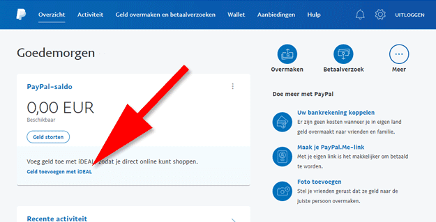 Screenshot van de link "Geld toevoegen met iDEAL" in het PayPal account.