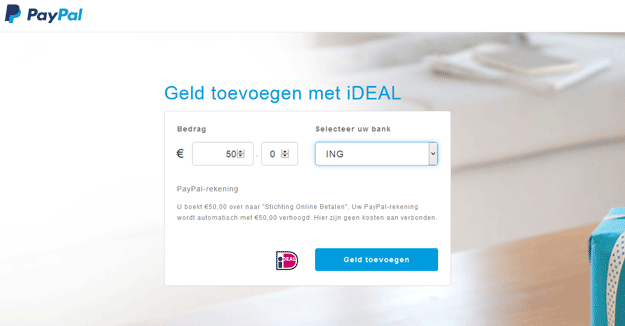 Screeshot van betaalscherm voor PayPal opwaarderen via iDEAL