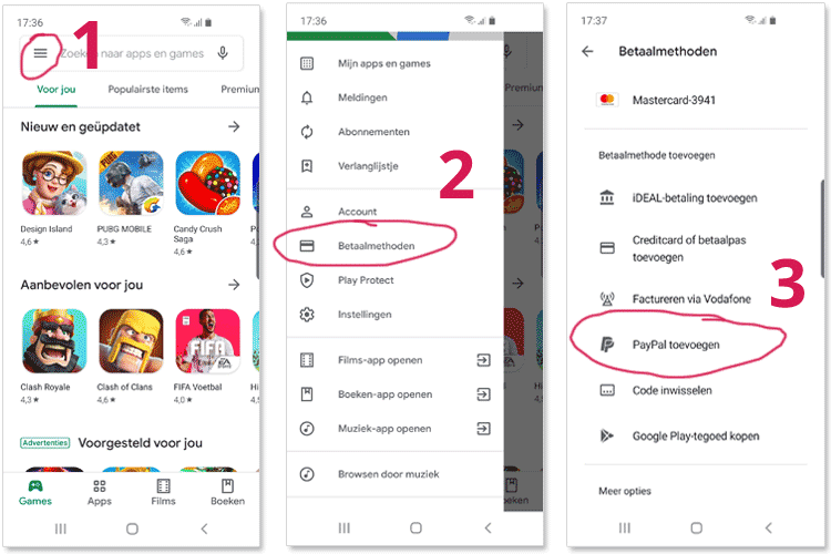 Stappen door Googe Play app menu om met PayPal te betalen