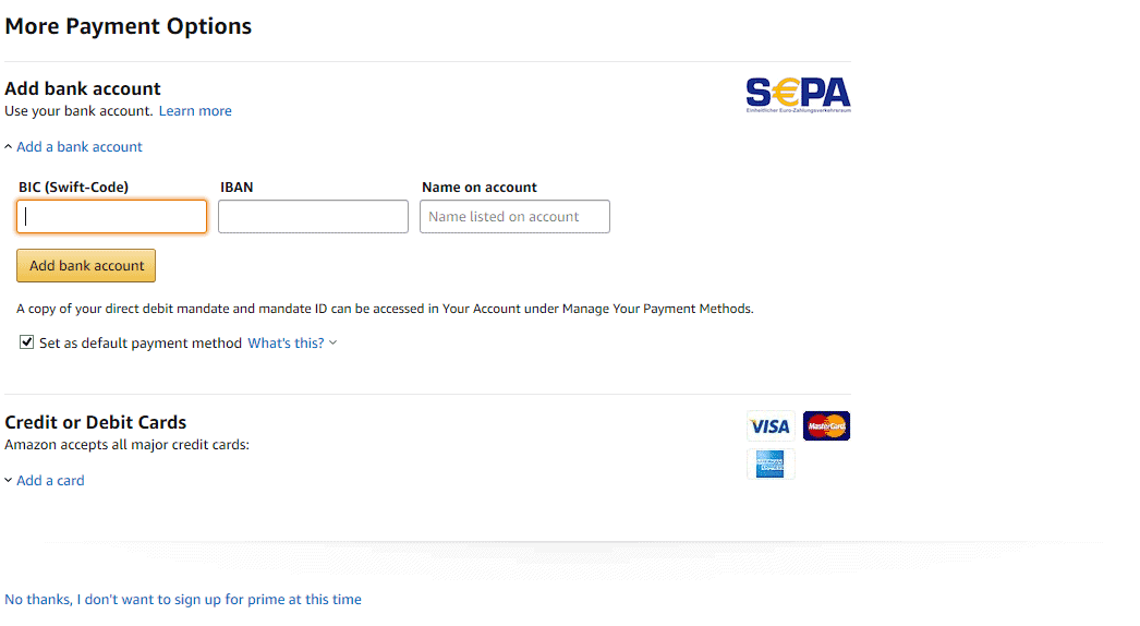 Screenshot van invoervelden voor de gegevens van uw bankrekening 