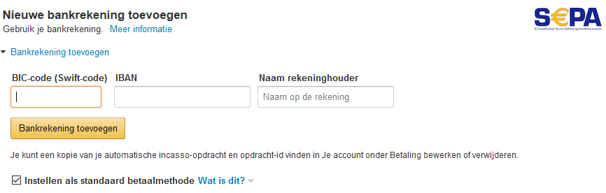 Tijdens het afrekenen kies "Bankrekening koppelen aan Amazon" (ideal alternatief)