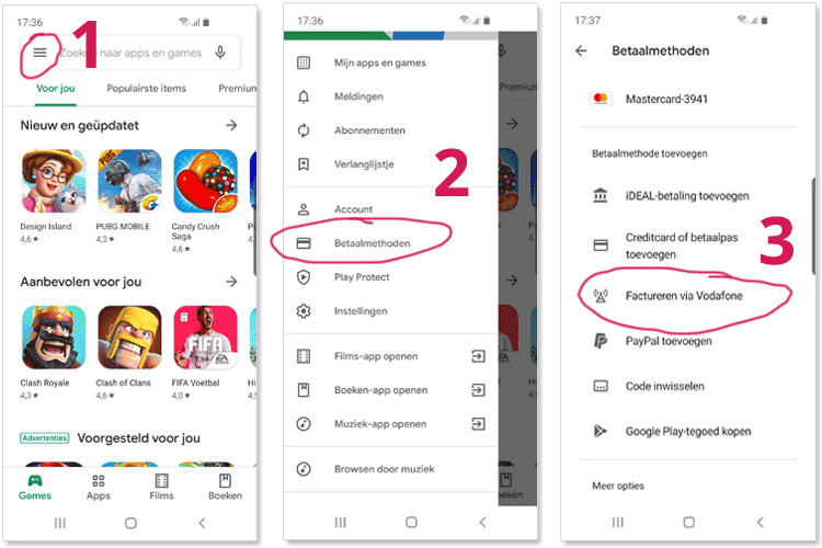 Google Play app stappen route dor menu om Play tegoed via telefoonprovider te activeren