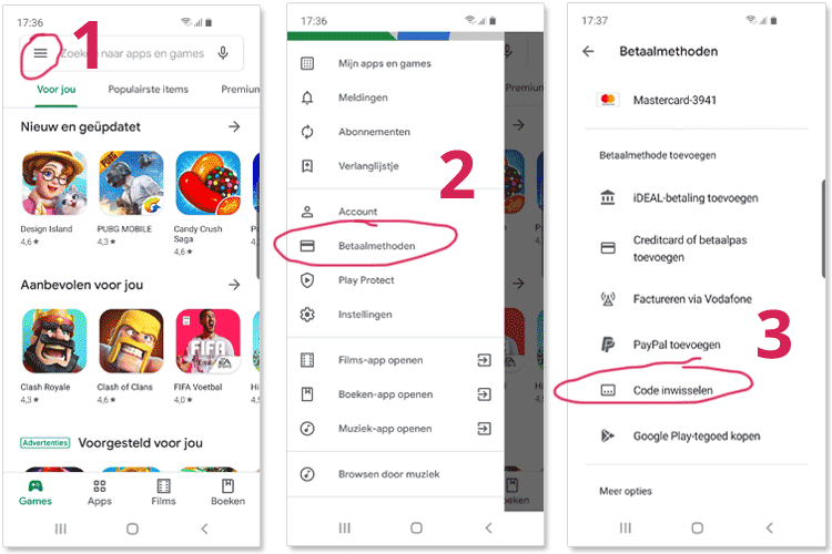 Google Play app stappen door menu om tegoed card in te wisselen 