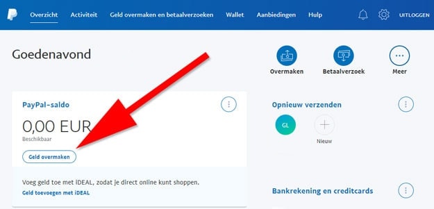 Screenshot van PayPal account: link om geld over te boeken van bankrekening naar PayPal