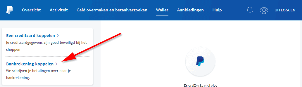 Screenshot van PayPal account, stap 2 om bankrekening te koppelen