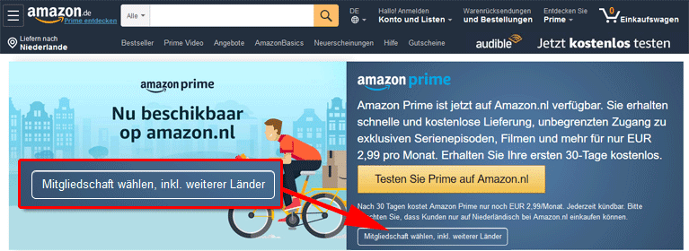 Screenshot van Duitse Amazon site met knop om Prime locatie te kiezen